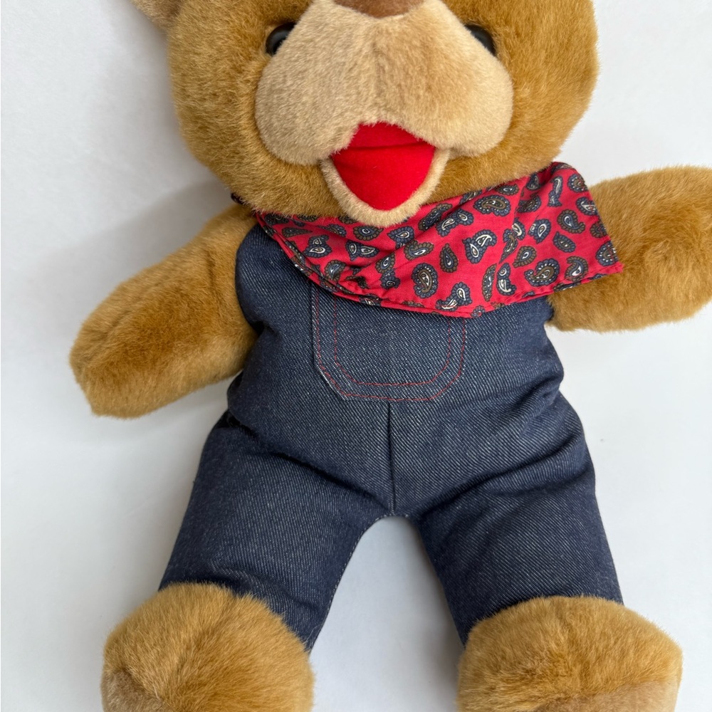 Uneeda Brown Teddy Bear Talking Red Plastic Bow Denim Overalls Plush Vtg 1993